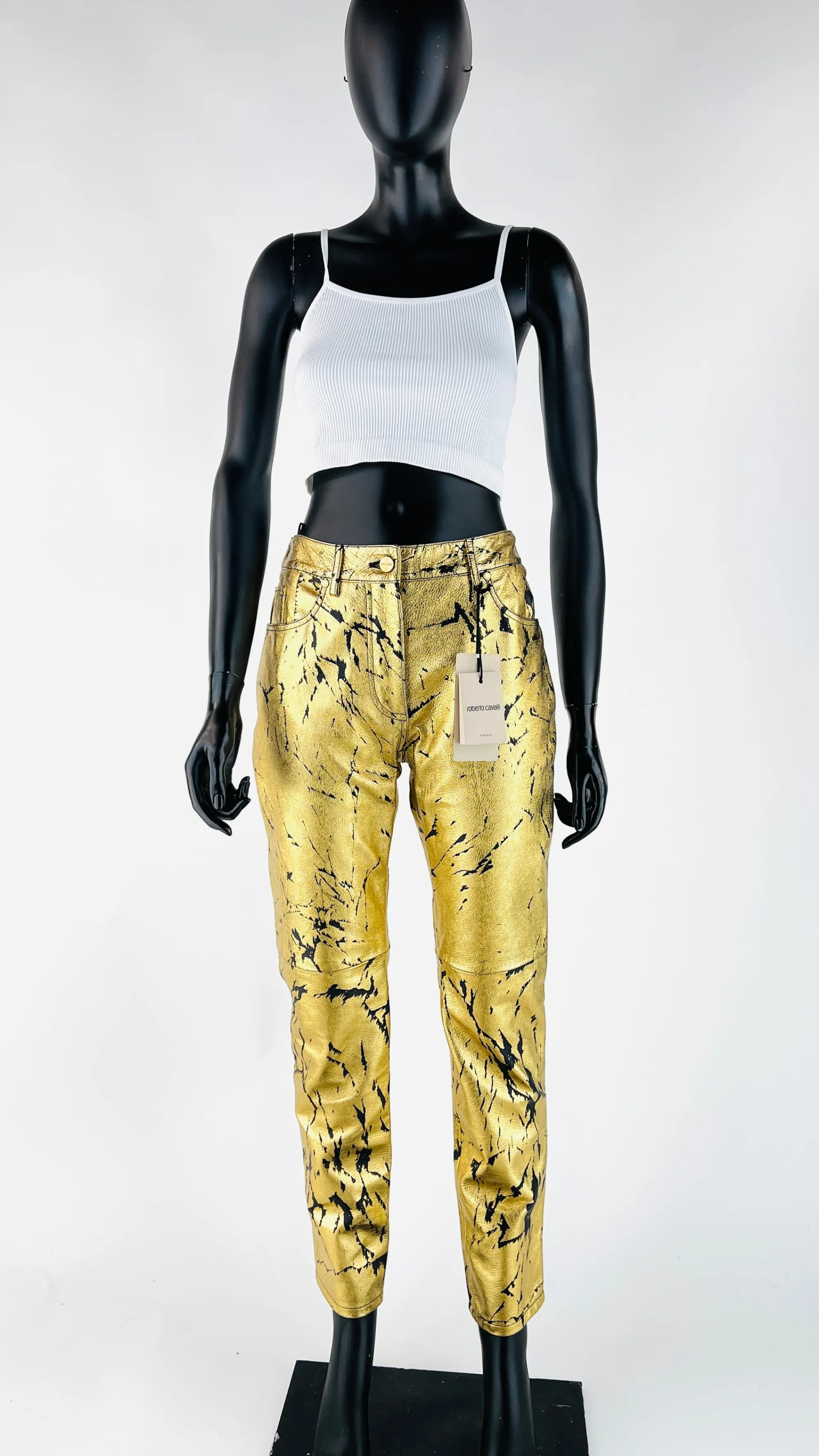 Donna Roberto Cavalli Pantaloni E Shorts | Giallo/arancione/marrone/oro>Pantaloni in pelle dorati con cartellino